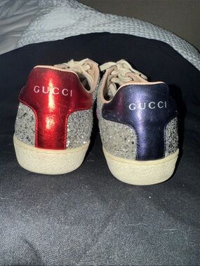 Gucci Silver Glitter Sneakers with Pink Stripe